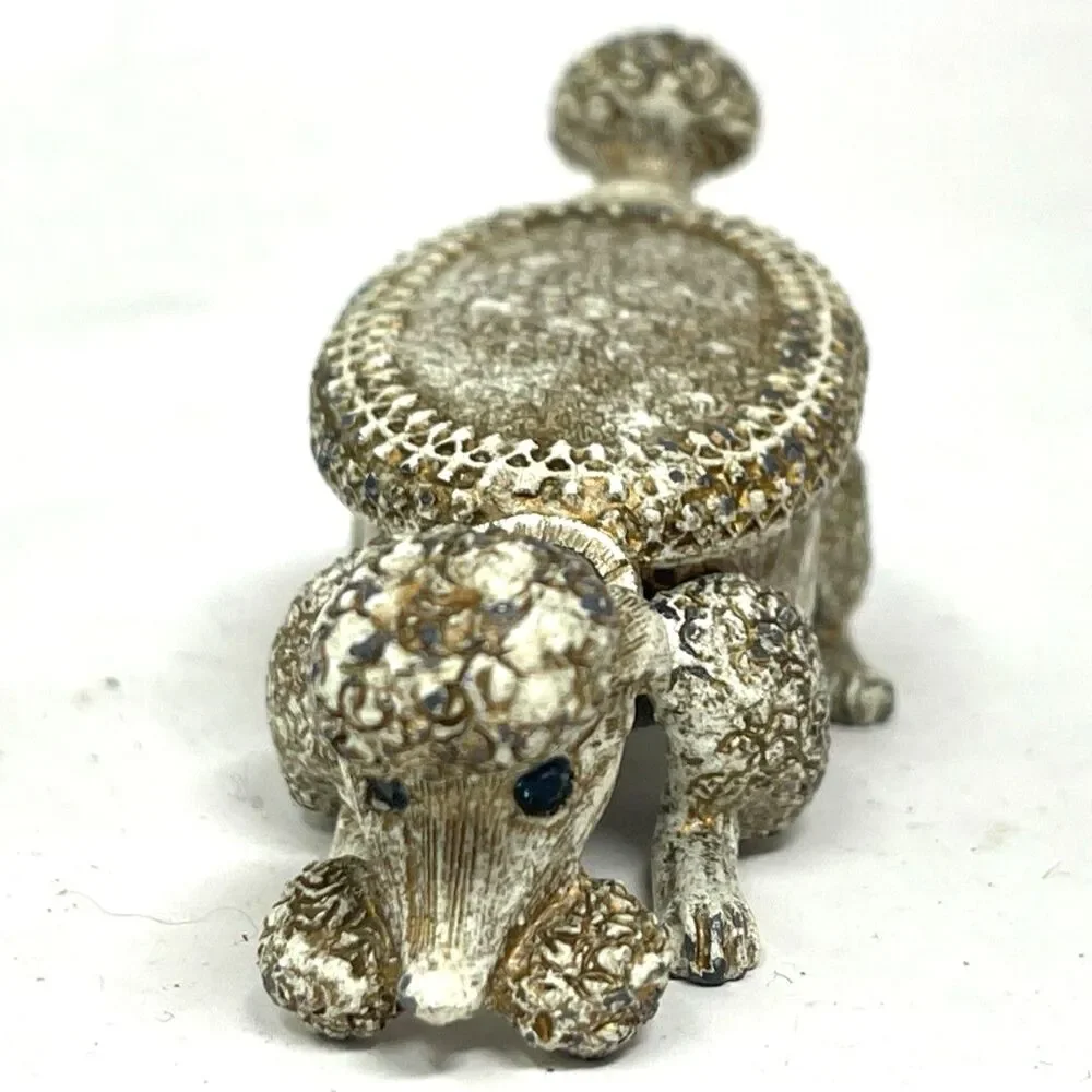 Vintage Florenza Metal Ormolu Poodle Dog Pill Trinket Box Topaz Rhinestone Eyes